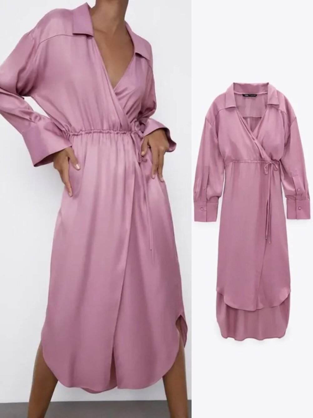 Zara Satin Effect Faux Wrap Midi Dress Mauve Pink Size L Blogger's Fav Romantic